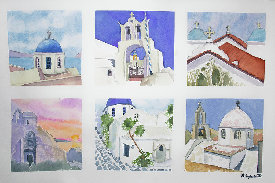 Watercolor - Six Greek Island Churches Painting by Cascade Colors