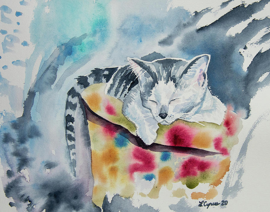 Watercolor - Sleeping Kitten Painting by Cascade Colors
