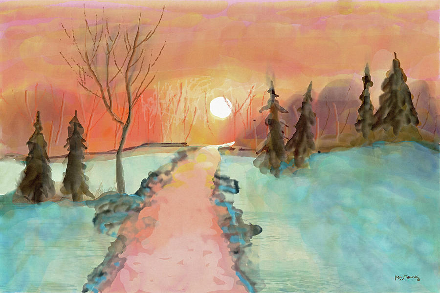 Watercolor Snow Sunset Digital Art by Ken Figurski