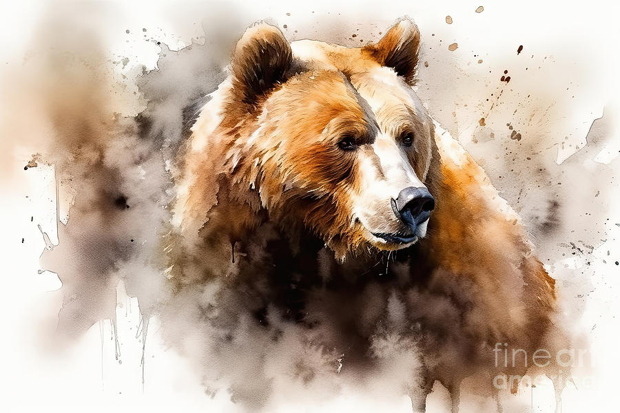 Anchorage Painting - watercolor, Spanish powerful brown bear, huge and strong wild an by N Akkash