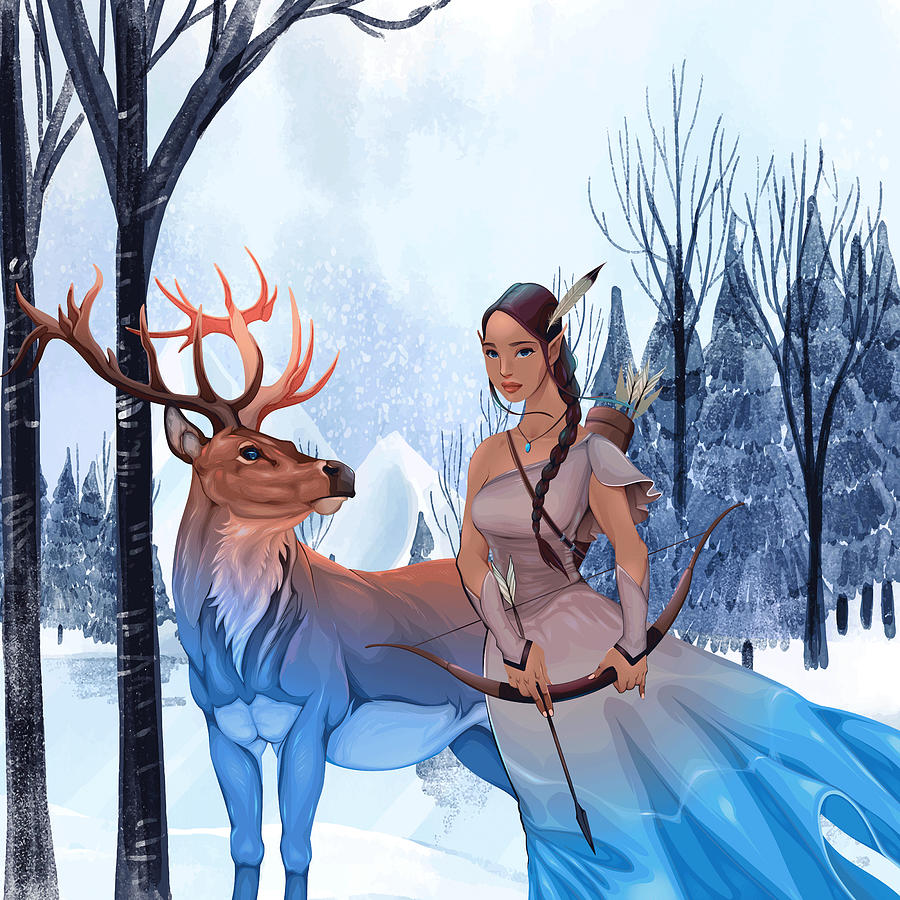 Deer Painting - Watercolor spirit guides in the nature, Lake and trees winter landscape background by Mounir Khalfouf