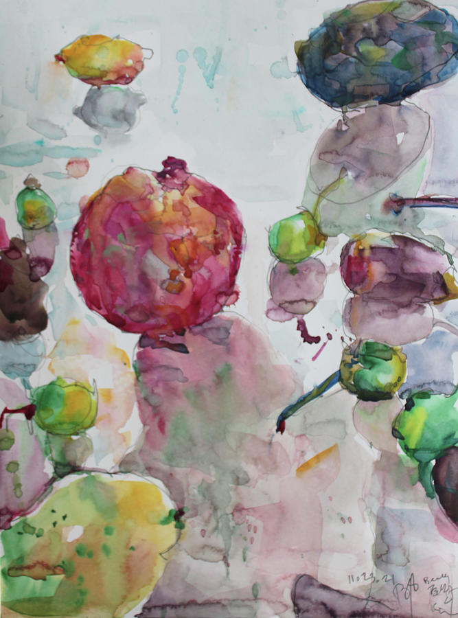 Watercolor Still life with Pomegranate Painting by Becky Kim