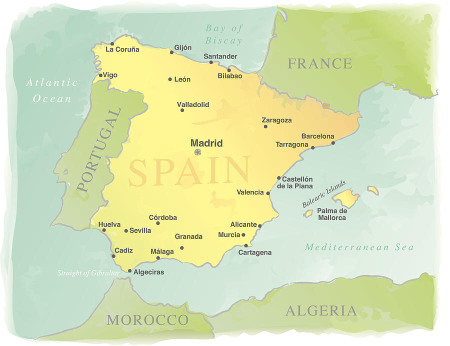 Watercolor-Style Vector Map of Spain Drawing by Artbyjulie