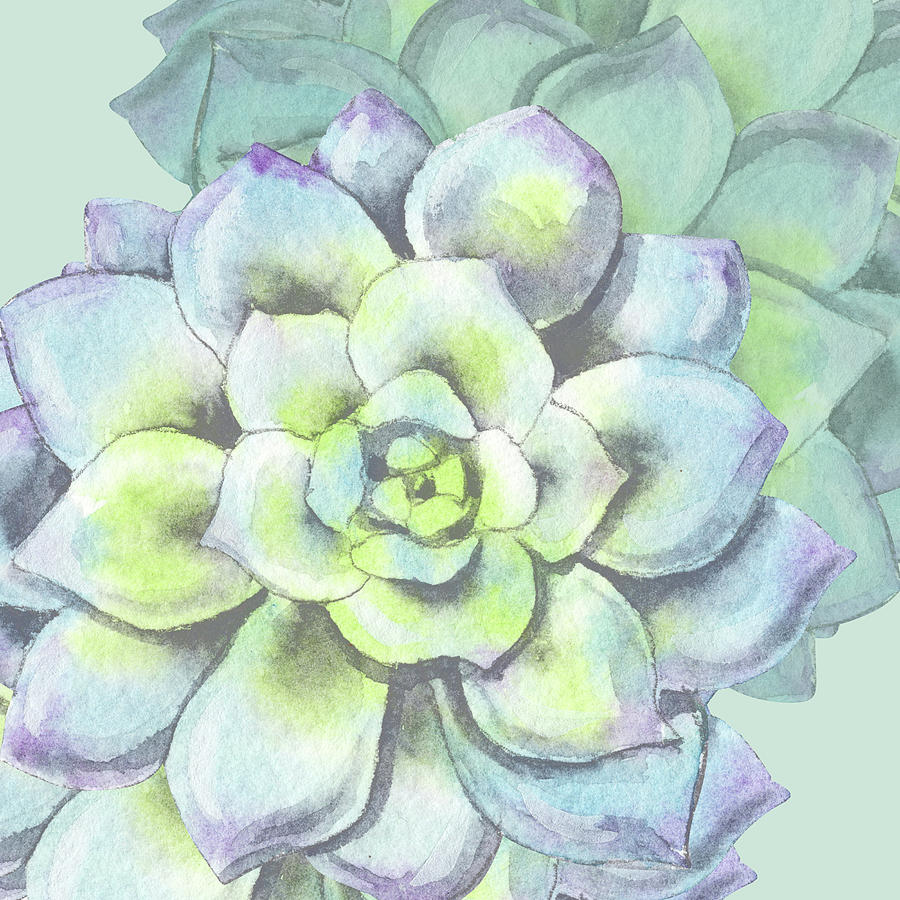 Watercolor Succulent Plant Botanical Dessert Floral On Soft Green Art Decor II Painting by Irina Sztukowski