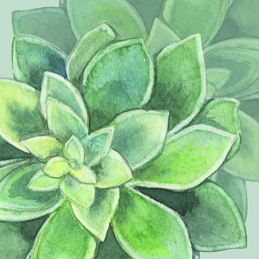 Abstract Painting - Watercolor Succulent Plant Botanical Dessert Floral On Soft Green Art Decor VIII by Irina Sztukowski