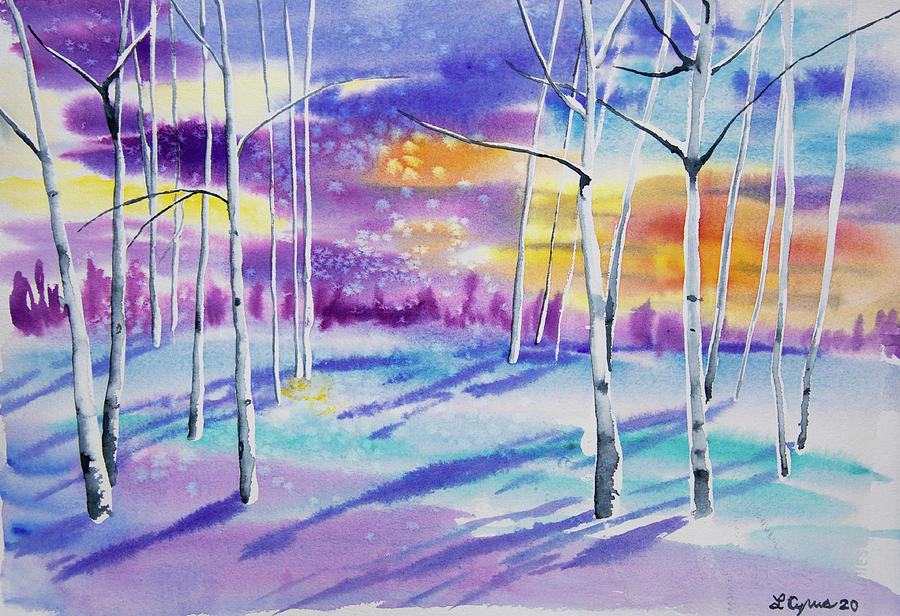 Watercolor - Sunrise in a Snowy Aspen Grove Painting by Cascade Colors