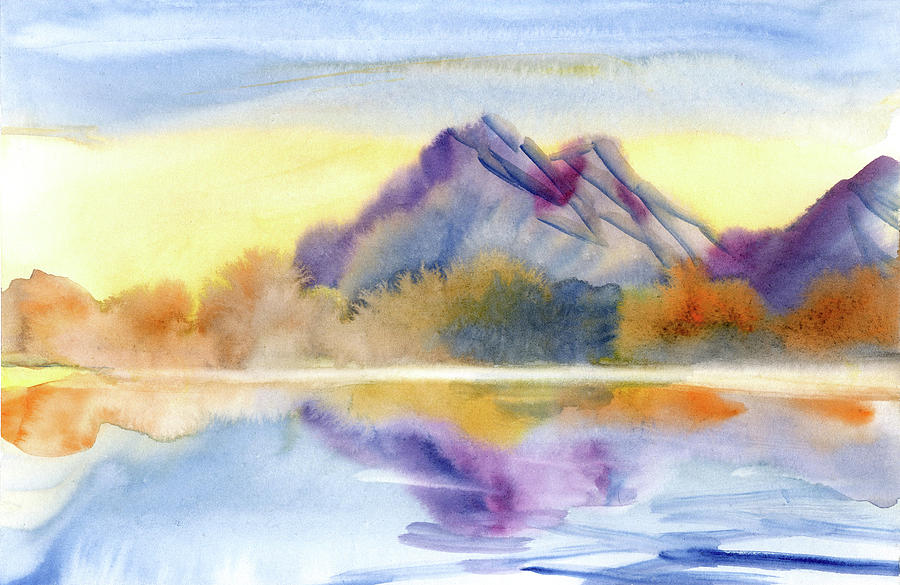 Watercolor Sunrise Mountain Scenery View Painting Digital Art by Sambel Pedes