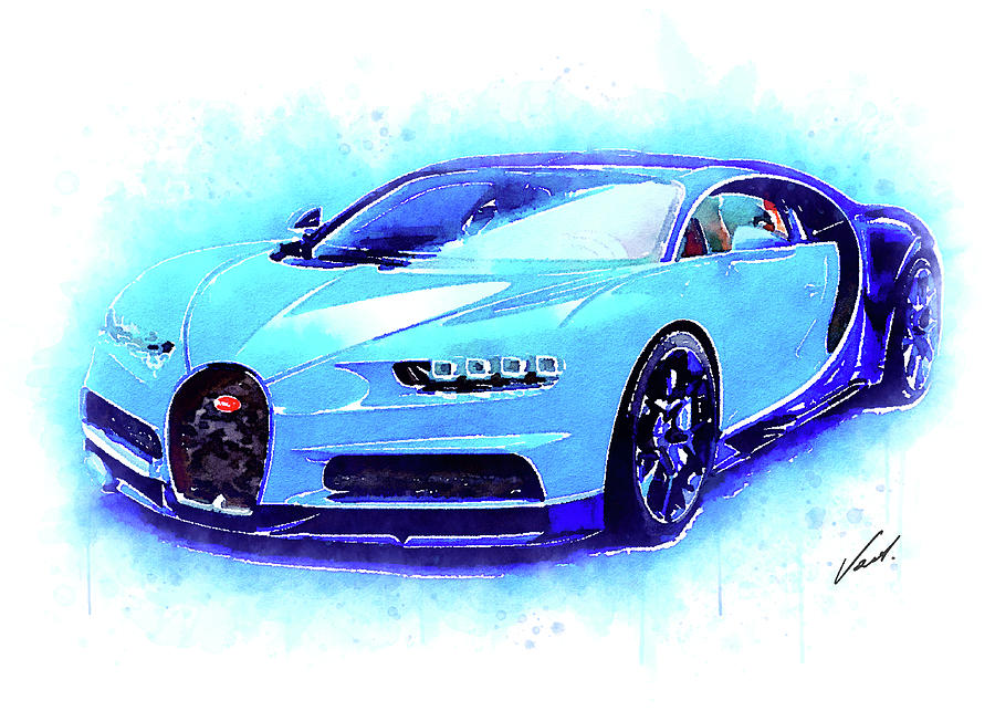 Watercolor Super Car Collection Bugatti Chiron - oryginal artwork Painting by Vart