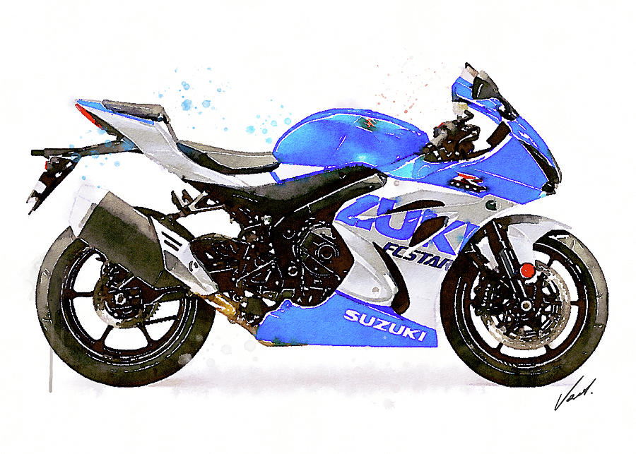 Watercolor Suzuki GSX-R 1000 motorcycle - oryginal artwork by Vart. Painting by Vart Studio
