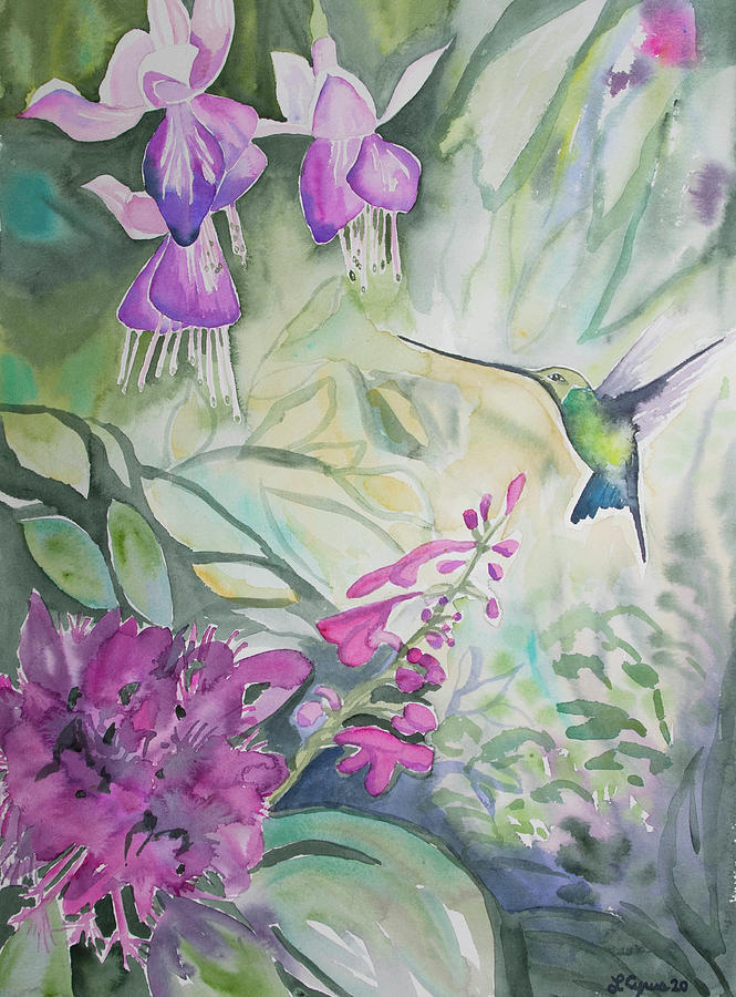 Watercolor - Sword-billed Hummingbird with Tropical Flowers Painting by Cascade Colors