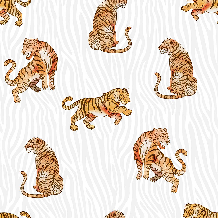 Watercolor Tigers Wild Animal Seamless Pattern Drawing