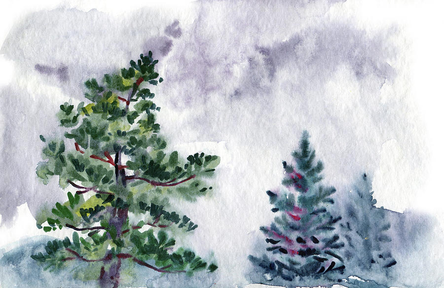 Watercolor Trees in Windy Season Painting Digital Art by Sambel Pedes