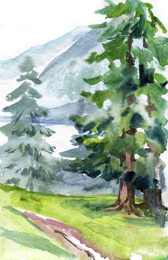 Watercolor Trees On A Foot Of A Mountain Painting Digital Art by Sambel Pedes