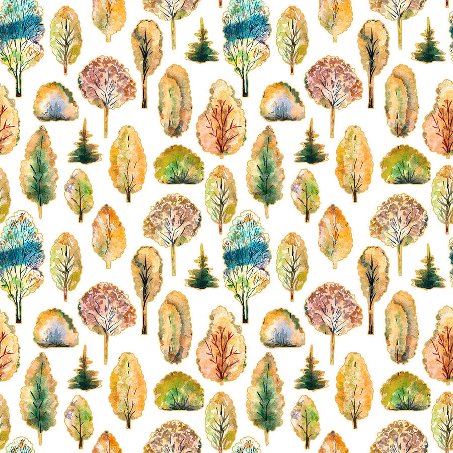 Watercolor Trees Seamless Autumn Pattern Drawing