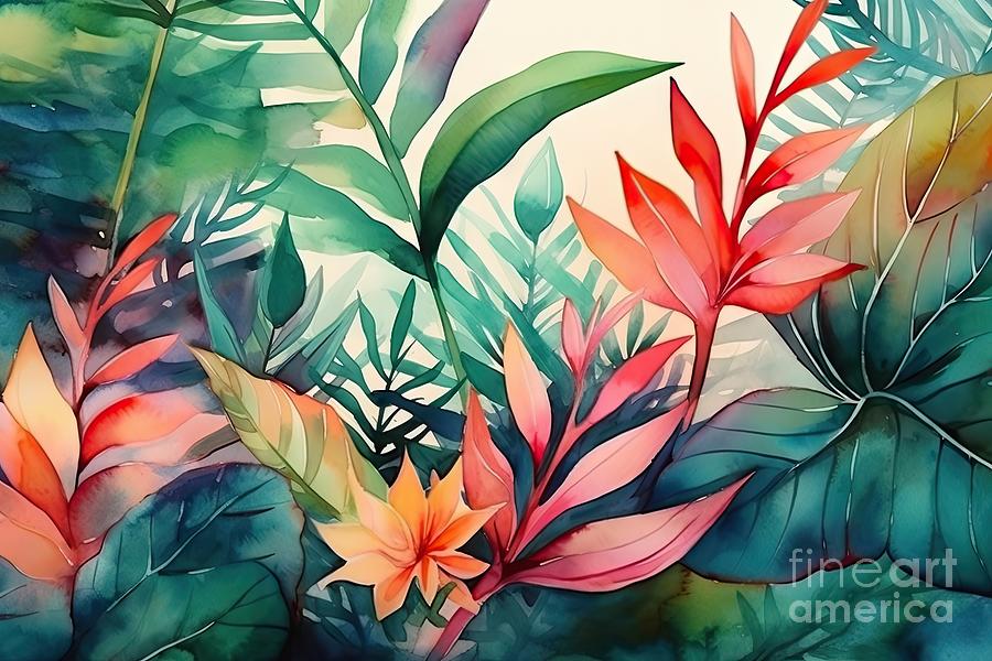 Jungle Painting - Watercolor tropical background with different palm and monstera leaves in bright colors. by N Akkash