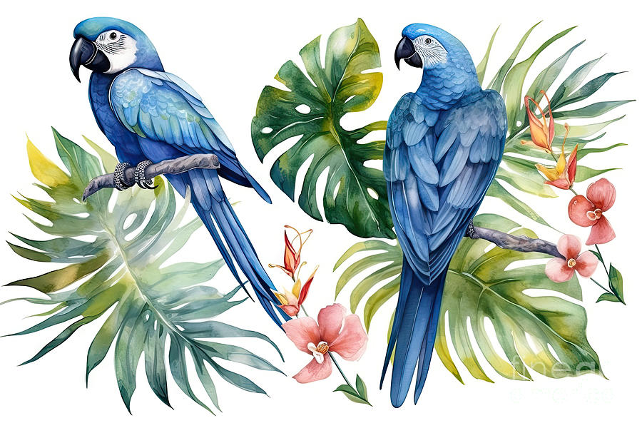 Parrot Painting - Watercolor tropical blue parrot and Flowers, palm, monstera. Jun by N Akkash