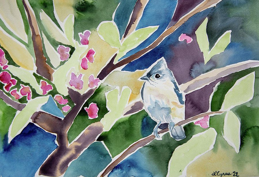 Watercolor - Tufted Titmouse with Redbud Painting by Cascade Colors