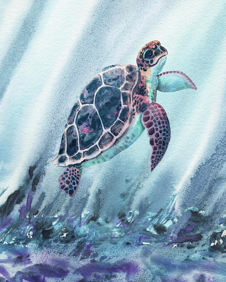 Watercolor Turtle In Deep Teal Blue Sea Painting By Irina Sztukowski