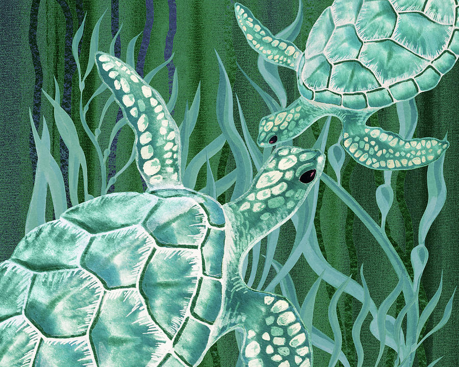 Watercolor Turtles In Deep Teal Blue Ocean With Seaweed Painting