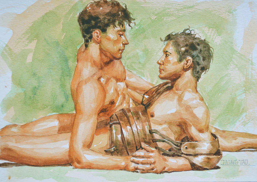 Watercolor Two Men#11909 Painting by Hongtao Huang