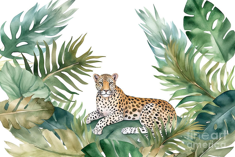 Nature Painting - Watercolor vector banner tropical leaves and leopards isolated o by N Akkash