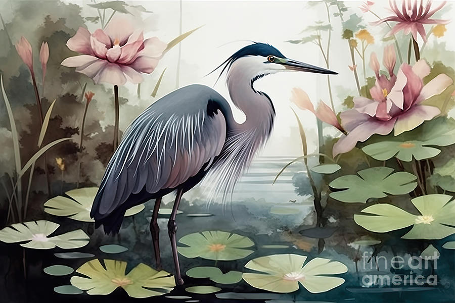Nature Painting - Watercolor wallpaper Digital drawing of a water heron with lotus by N Akkash