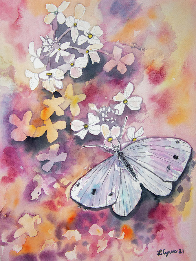 Watercolor - White Butterfly with Bittercress Flowers Painting by Cascade Colors