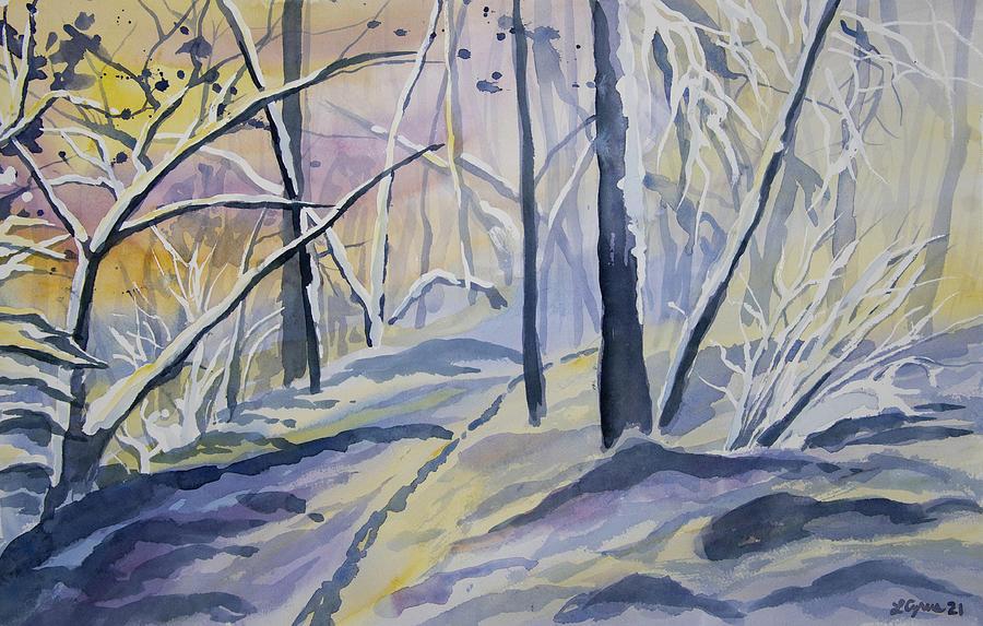 Watercolor - Winter Forest Walk in Realistic Style Painting by Cascade Colors