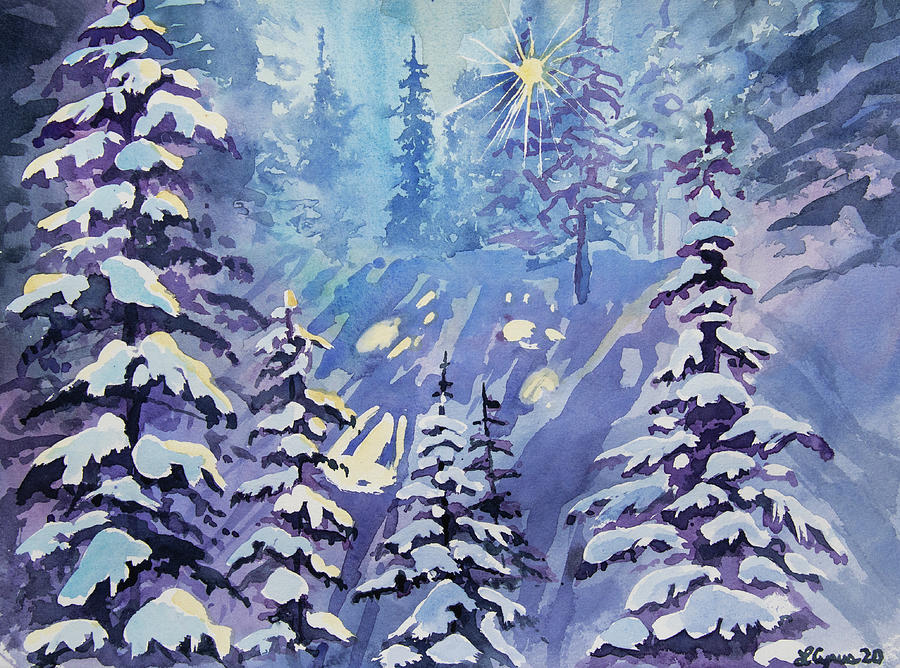 Watercolor - Winter Snowy Forest with Sunburst Painting by Cascade Colors