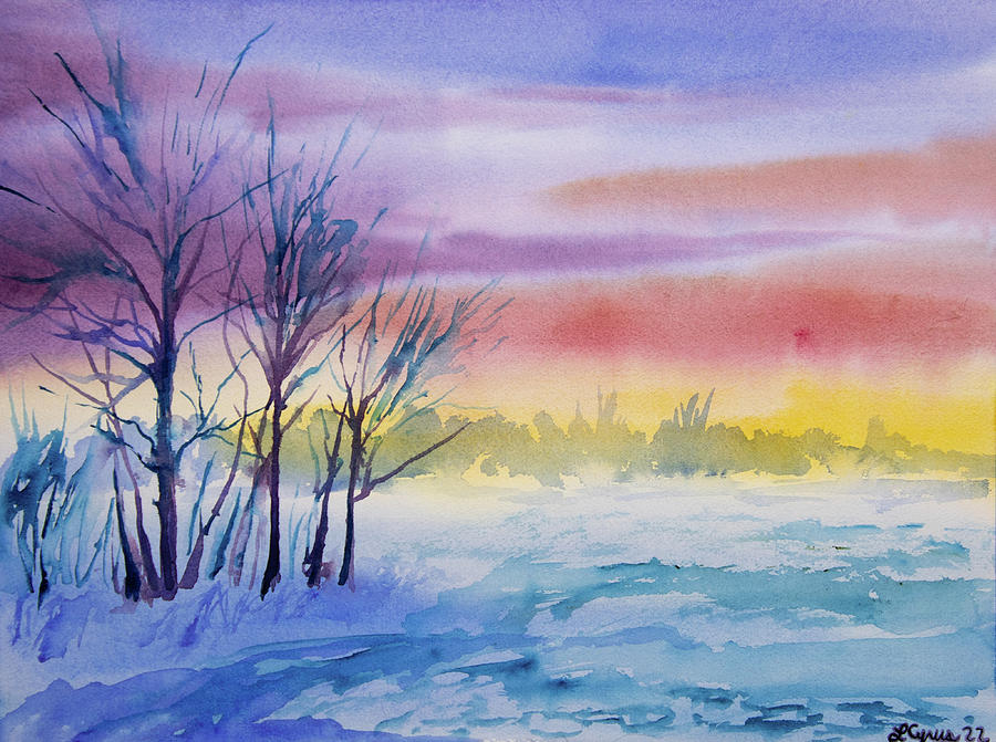 Watercolor - Winter Woodland and Meadow Sunrise Painting by Cascade Colors