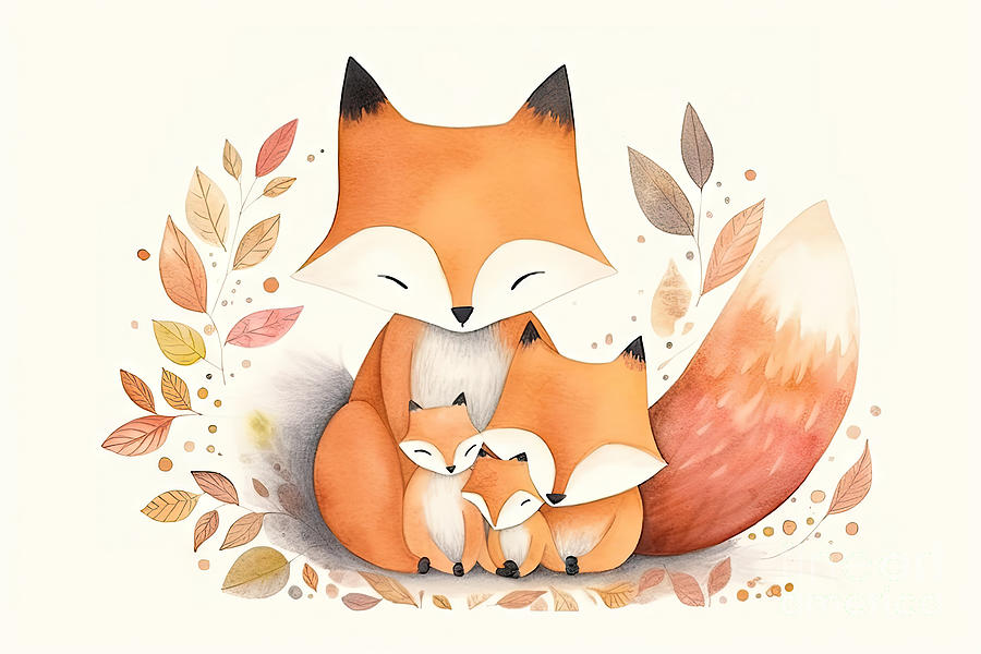 Wildlife Painting - Watercolor woodland cute cartoon forest fox by N Akkash