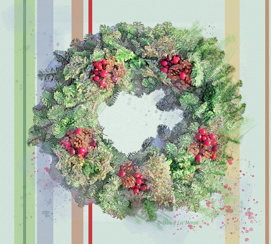 Watercolor Wreath of Fresh Evergreens with Stripes Mixed Media by Nancy Lee Moran