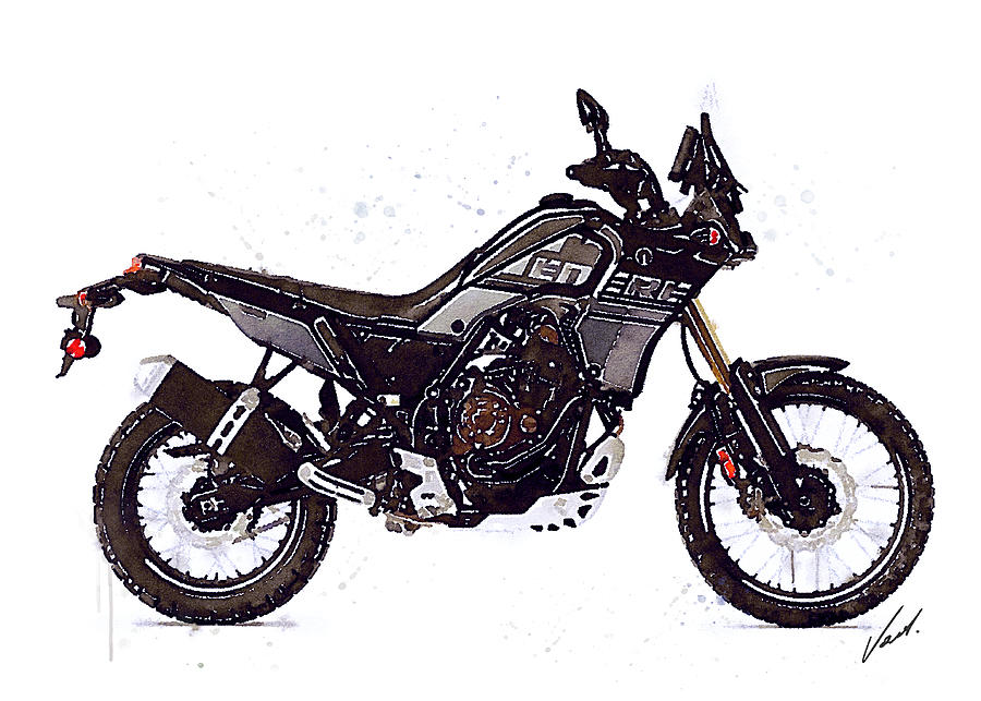 Watercolor Yamaha Tenere 700 black motorcycle - oryginal artwork by Vart. Painting by Vart Studio