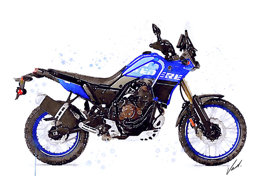 Watercolor Yamaha Tenere 700 blue motorcycle - oryginal artwork by Vart. Painting by Vart Studio