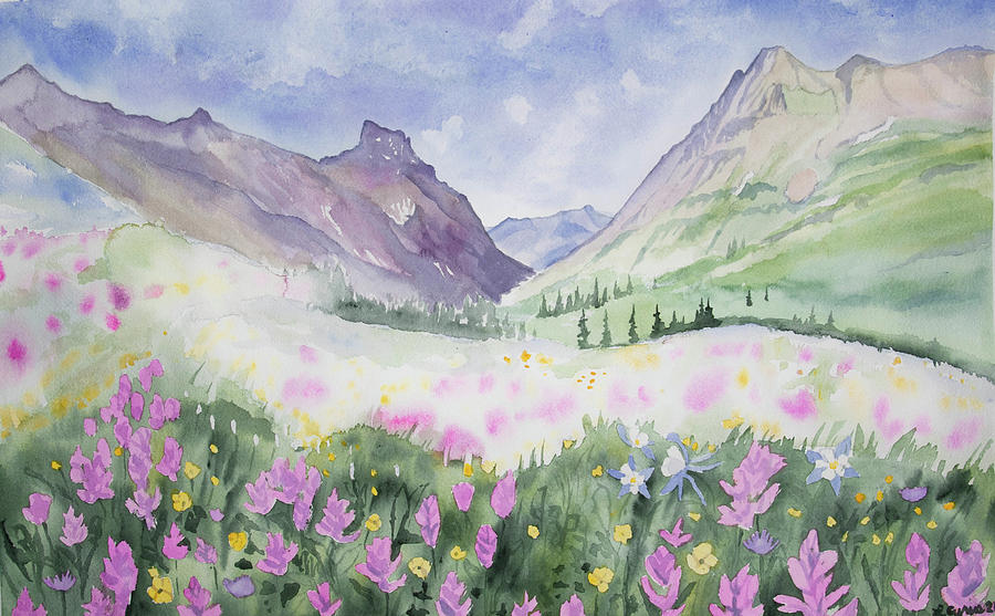 Watercolor - Yankee Boy Basin Summer Paintbrush Landscape Painting by Cascade Colors