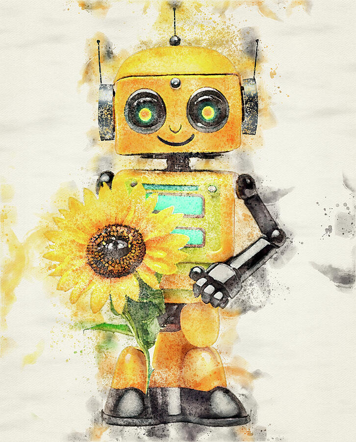 Sunflower Digital Art - Watercolor Yellow ROBOT with Sunflower 1 by David Smith