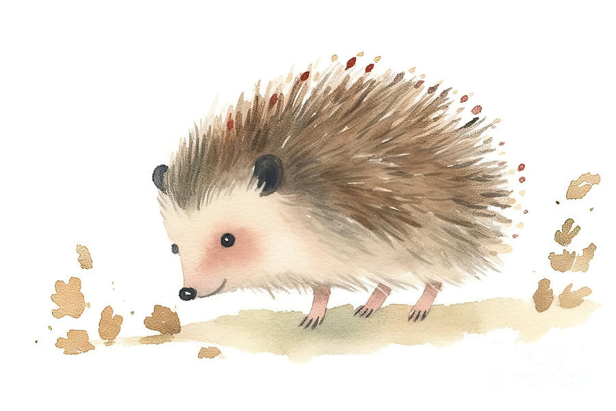 Watercolour cute baby hedgehog, walking side view, hand painted ...