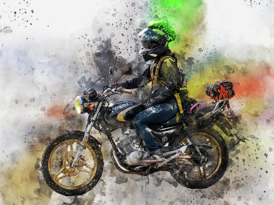 Watercolour drawing of a biker on a motorcycle Painting by Igor ...