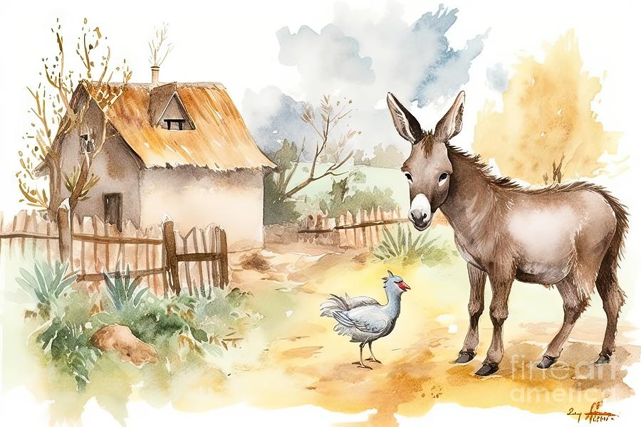 Chicken Painting - Watercolour farm village composition with a cute little baby donkey and chicken by N Akkash