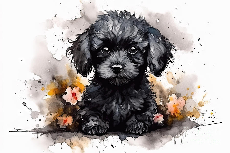 Dog Painting - Watercolour painting of a cute black poodle puppy. Digital illus by N Akkash