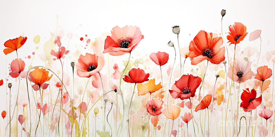 Poppy Digital Art - Watercolour painting of a field of beautiful red poppies. Background of summer wildflowers. Digital illustration. by Jane Rix