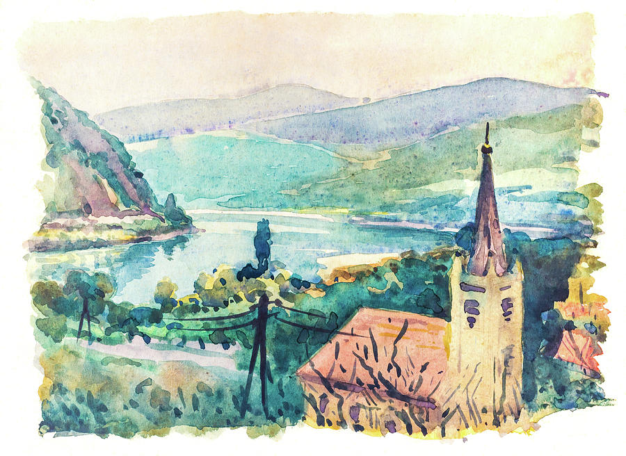 Watercolour painting of Dunakanyar with the Reformed church Painting by Viktor Wallon-Hars