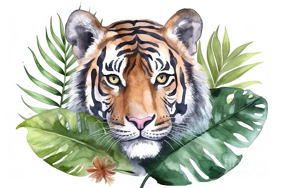Wildlife Painting - Watercolour tiger head isolated on white with green tropical leaves. Watercolor animal illustration. by N Akkash