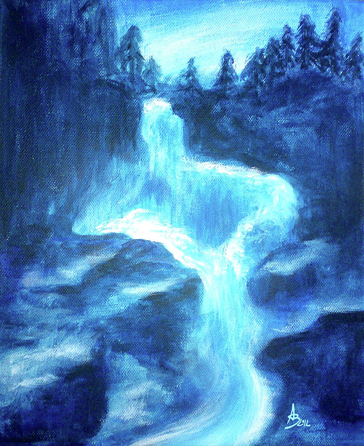 Mystical Waterfall in Blue Moonlight - Acrylic Painting on Canvas, Abstract Art Painting by Aneta Soukalova
