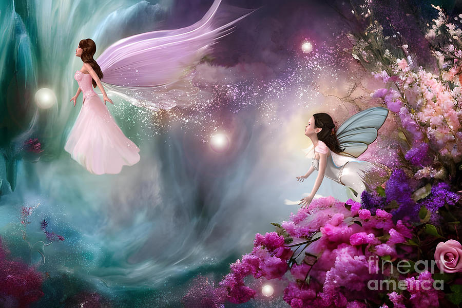 Fairy Digital Art - Waterfall Fairies by Two Hivelys