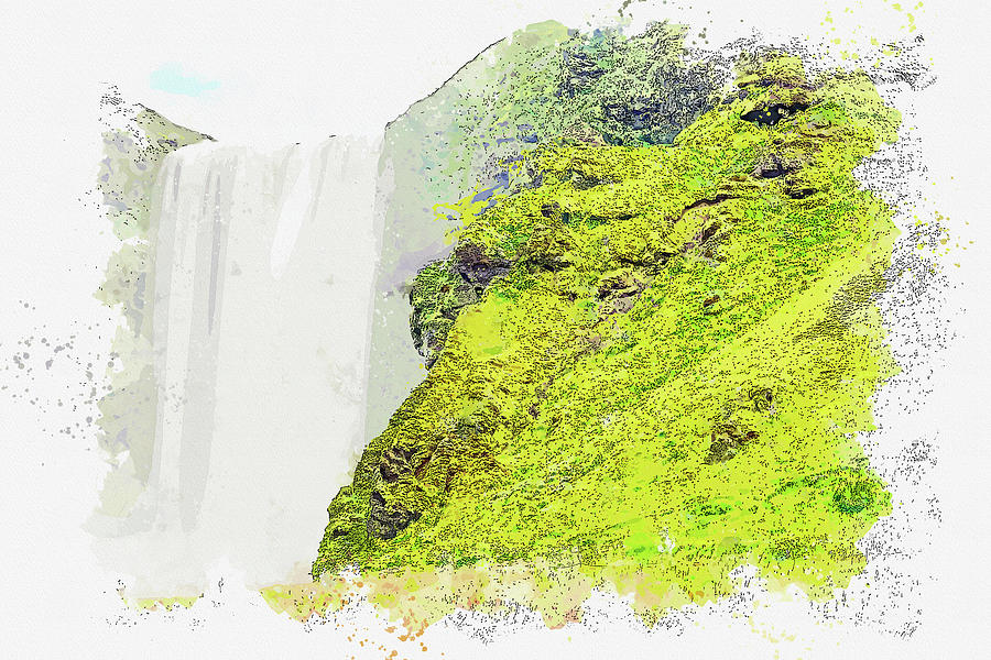 Waterfall  Iceland, watercolor, ca 2020 by Ahmet Asar Digital Art by Celestial Images