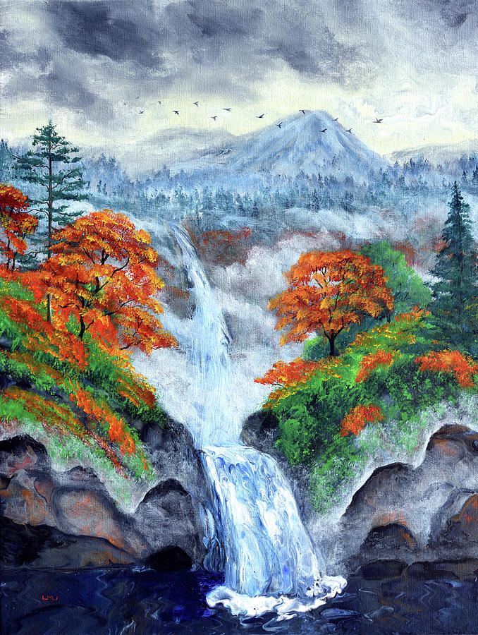 Waterfall in Autumn Mist Painting by Laura Iverson