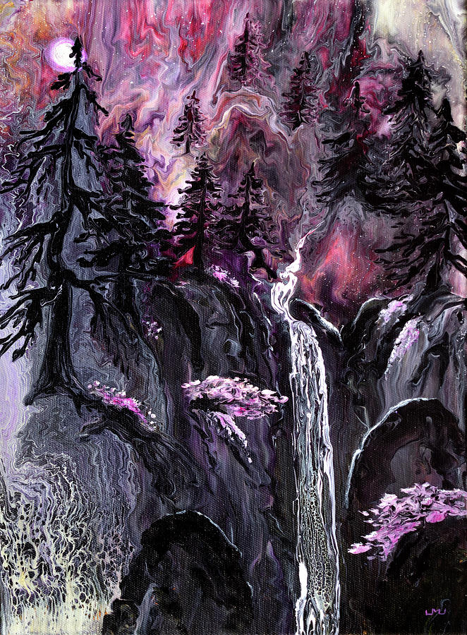 Waterfall in Dark Pine Trees Painting by Laura Iverson