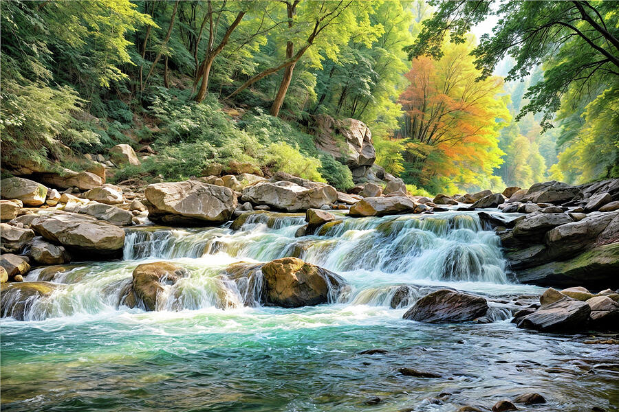 Waterfall in Early Autumn Panorama Digital Art by Frances Miller