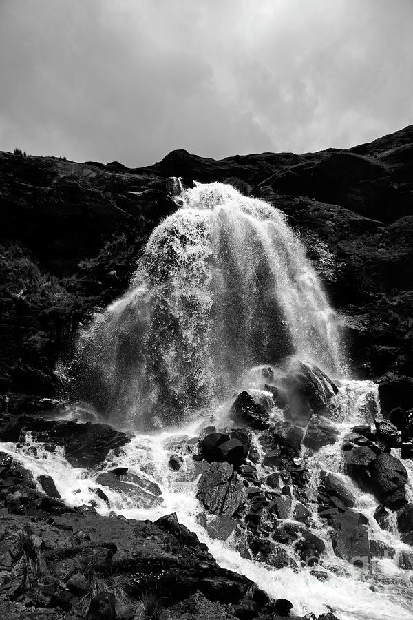Waterfall in Hampaturi Valley black and white Bolivia Photograph by James Brunker